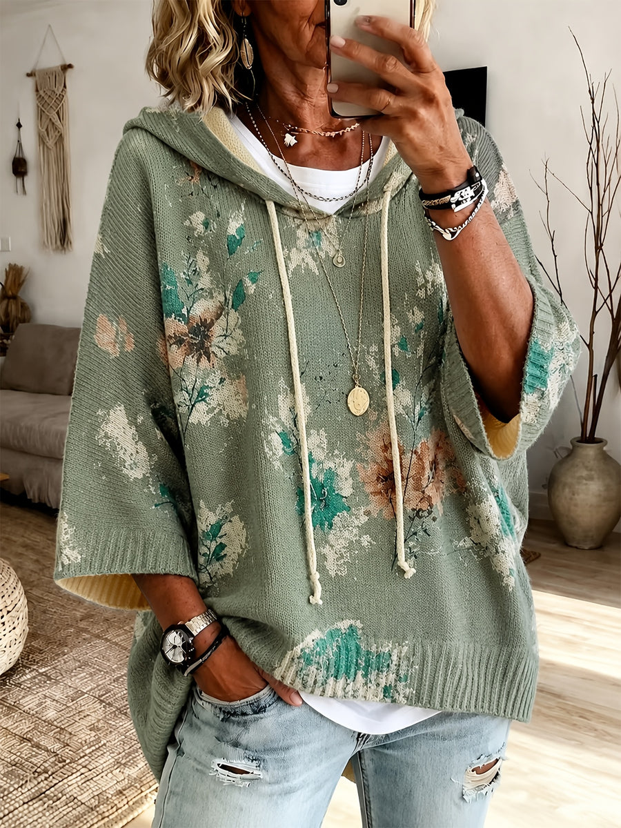 2026 Women'S Fall Winter Vintage Floral Print Hooded 3/4 Sleeve Cape Sweater Top with Drawstring Design, Lazy Style Fashion Versatile Casual Commute Vacation Pullover Top Women'S Clothing - Olive