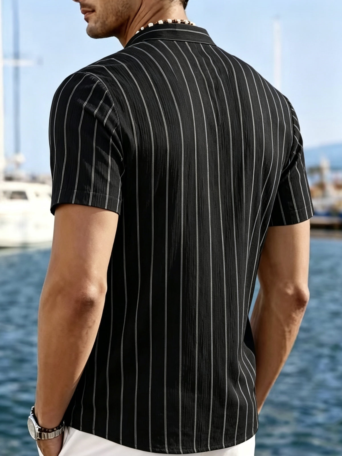 Men's Jacquard Textured Stripe Patchwork Short-Sleeve Shirt, Beach Casual Vacation Shirt, Men's Short-Sleeve Shirt - Black