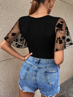 Women'S Elegant Floral Mesh Bell Sleeve Stretch Round Neck Jumpsuit, Short Sleeve Bodysuit - Black