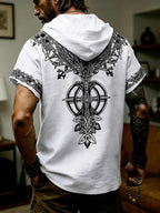 Men's Tree of Life Hooded T-Shirt - European & American Streetwear Style Short-Sleeve Top with Hood, Tree of Life Print, Machine Washable Regular Fit Casual Shirt Suitable for Casual Attire, Brand Label - White