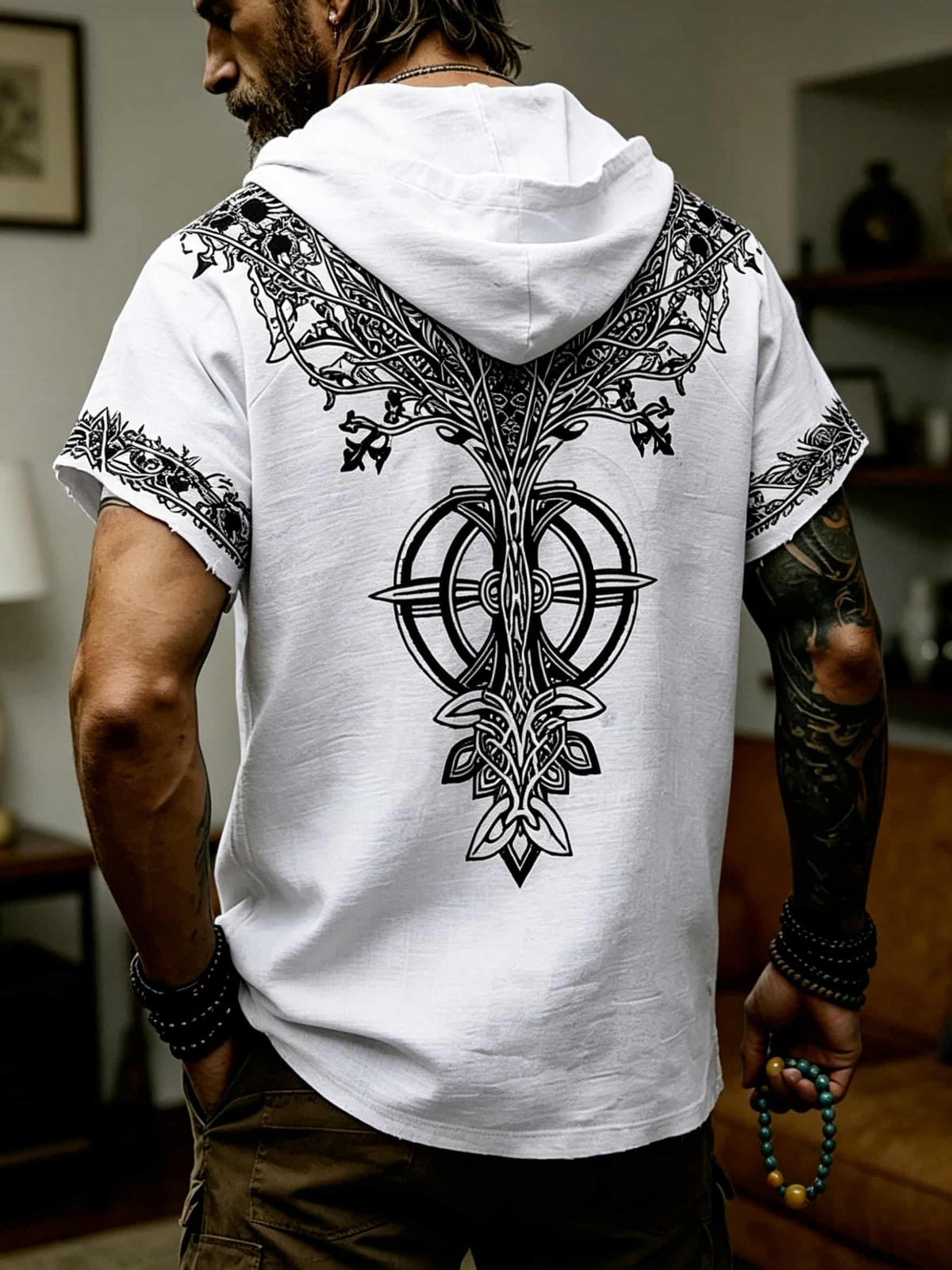 Men's Tree of Life Hooded T-Shirt - European & American Streetwear Style Short-Sleeve Top with Hood, Tree of Life Print, Machine Washable Regular Fit Casual Shirt Suitable for Casual Attire, Brand Label - White