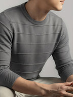 New Minimalist Vintage Basic High-End Feel Autumn/Winter Men's Solid Color Textured Striped Detail Crew Neck Long Sleeve Casual Solid Color Knit Sweater, Suitable for Daily Office Wear - Ash