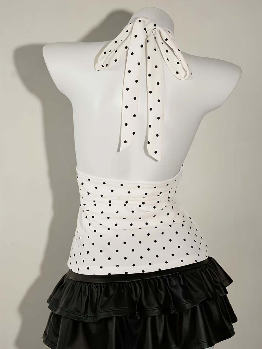Women's Low-Neck Pleated Halter Neck Bow Backless Polka Dot Tank Top - White