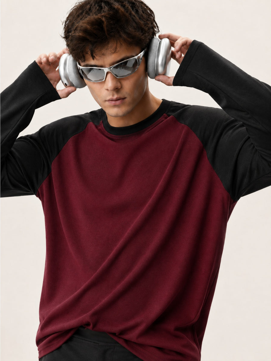Men'S Long Sleeve Round Neck T-Shirt, a Versatile Color-Block Pullover Top, Men'S Work And T-Shirt, Men'S Top, Casual Work Scene Wear, Applicable for Work Scenes - Black sleeves + red shirt