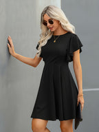 Elegant A-Line Dress with Ruffle Short Sleeve & High-Waist Fit - Knee-Length Dress for Date Night, Commuting, Weddings - Spring Summer Fall Wedding Guest Dress, Solid Black Dress (No underpinns Needed) - Hand Washable Medium - Black