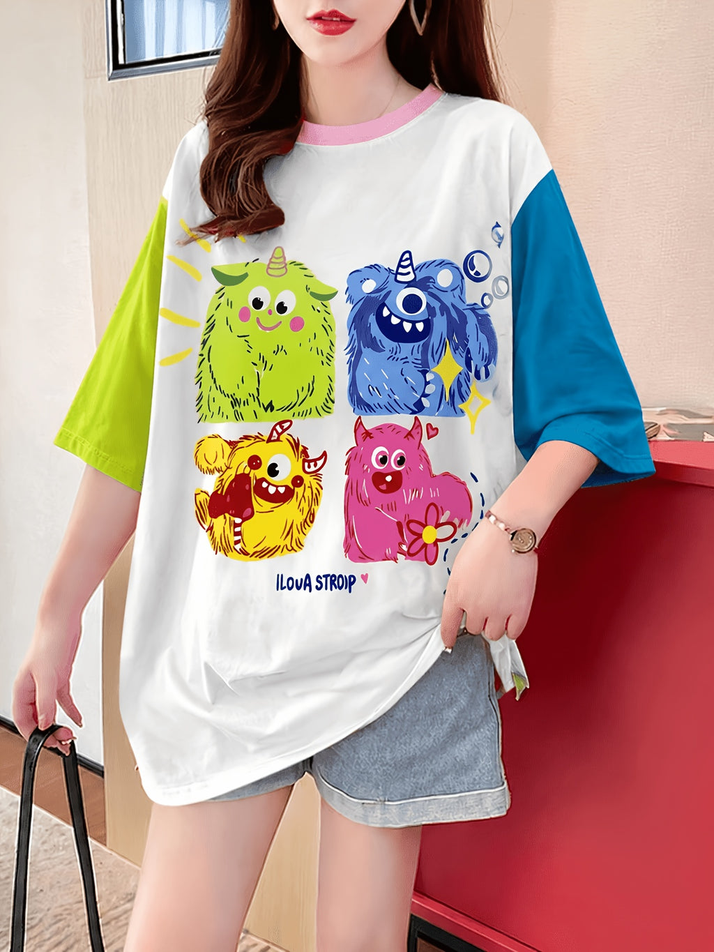 Summer New Large Size Loose Fashion Trend Slim Cartoon Round Neck Print Ladies Women's Medium and Long Short-sleeved T-shirt Clothes - K149-W