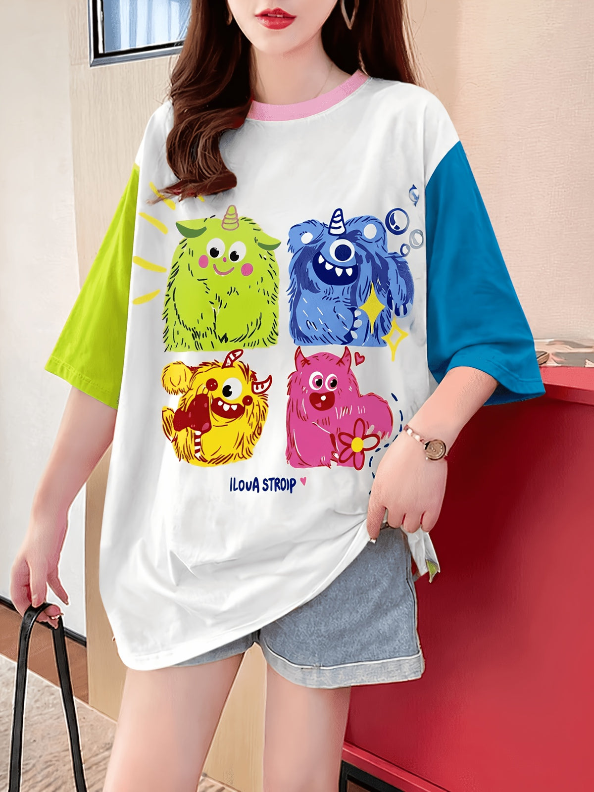 Summer New Large Size Loose Fashion Trend Slim Cartoon Round Neck Print Ladies Women's Medium and Long Short-sleeved T-shirt Clothes - K149-W