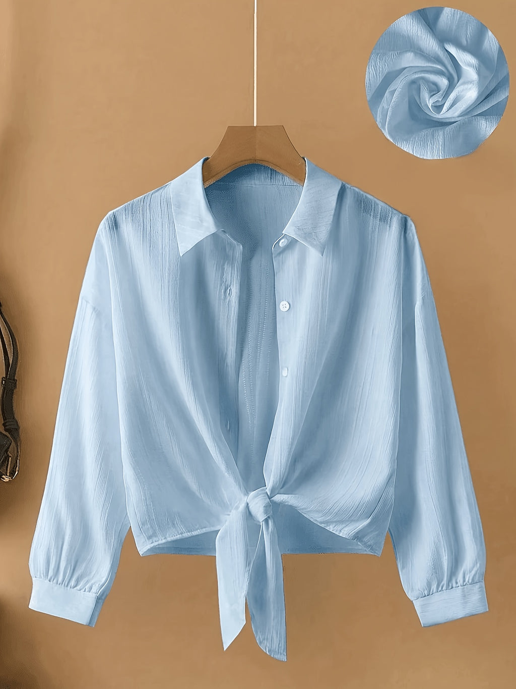 New Summer Style Casual Loose-Fit Long-Sleeve Lapel Shirt, Fashionable and Versatile with Tie Hem - Light Blue