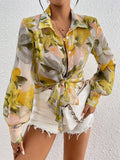 Turn- Collar Full Button Print Tie Long Sleeve Shirt - ginger-colored