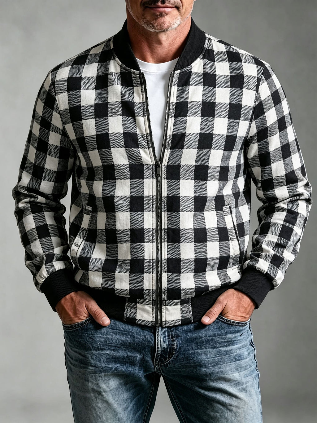 Men's Vintage Waffle Check Baseball Jacket with Zipper Front & Collar - Multi-Color Plaid Cardigan Coat (Black/White/Red/Brown/Green), Machine Washable Suitable for Commuting, Casual Streetwear Outerwear, Spring/Autumn Daily Jacket - White And Black