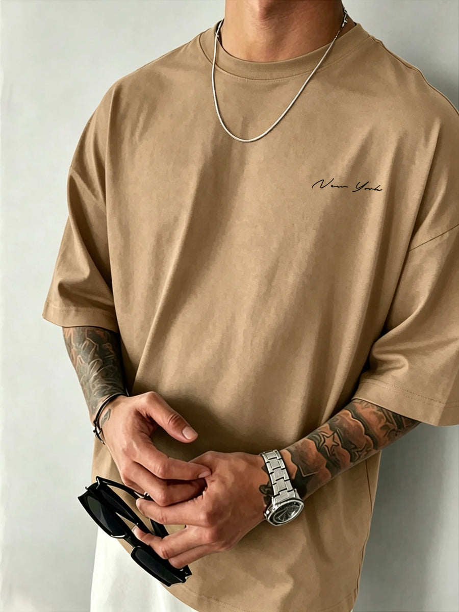 Men' New York Letter Print T-Shirt - Minimalist Round Neck Short Sleeve Tee with, Machine Washable Casual Basic Shirt Suitable for Summer, Office & Casual Attire, Non- Regular Fit for Men - Khaki