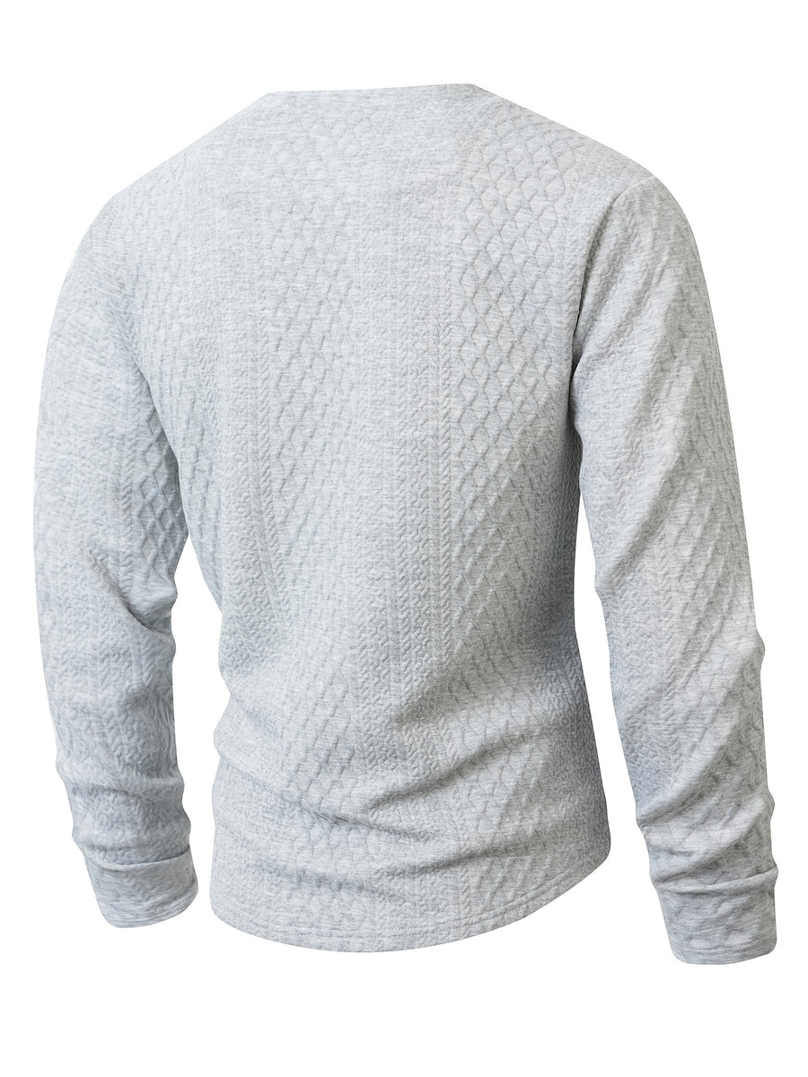Josh Mei's Selection: Henley Collar Shirt, 2026 Autumn/Winter European and American Style Men's Casual Jacquard Crew Neck Long Sleeve Pullover Sweater Short Sleeve - Light Grey