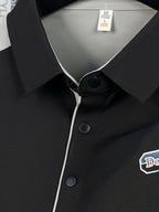 Men's Summer Lapel Polo Shirt - Contrast Color Short-Sleeve T-Shirt with Lapel Collar & Asymmetrical Hem, Breathable Business Casual Top Suitable for Work, Office, Semi-Formal Wear, Machine Washable Regular Fit - Black