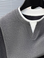 Men'S V-Neck Faux Two-Piece Long Sleeve Sweatshirt, Suitable for Commute And Casual Wear, Outerwear And Inner Wear, Regular Shoulder Long Sleeve Pullover Sweatshirt - SINBOS - heather grey