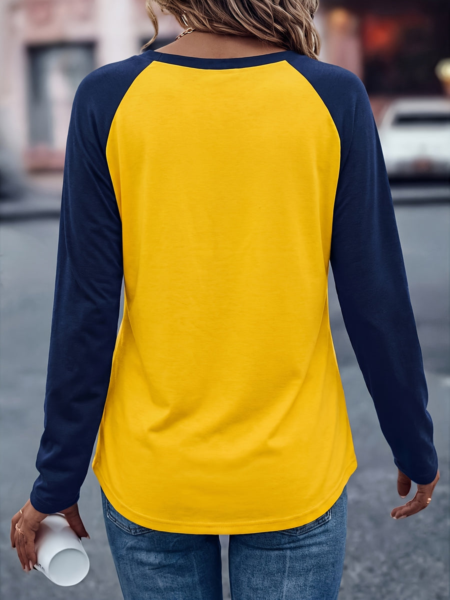 Brooklyn Vintage Pattern Design European and American Style Women's Daily Versatile Comfortable Casual Color-Blocked Crew Neck Raglan Long Sleeve T-Shirt - Yellow collides with deep blue