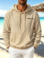 Men'S Autumn New Linen Print Hoodie Thin Loose Sweatshirt Comfortable Daily Commute Sports Fitness Casual Vacation Street Trendy Classic Style Literary Long Sleeve Hooded Sweatshirt - Khaki