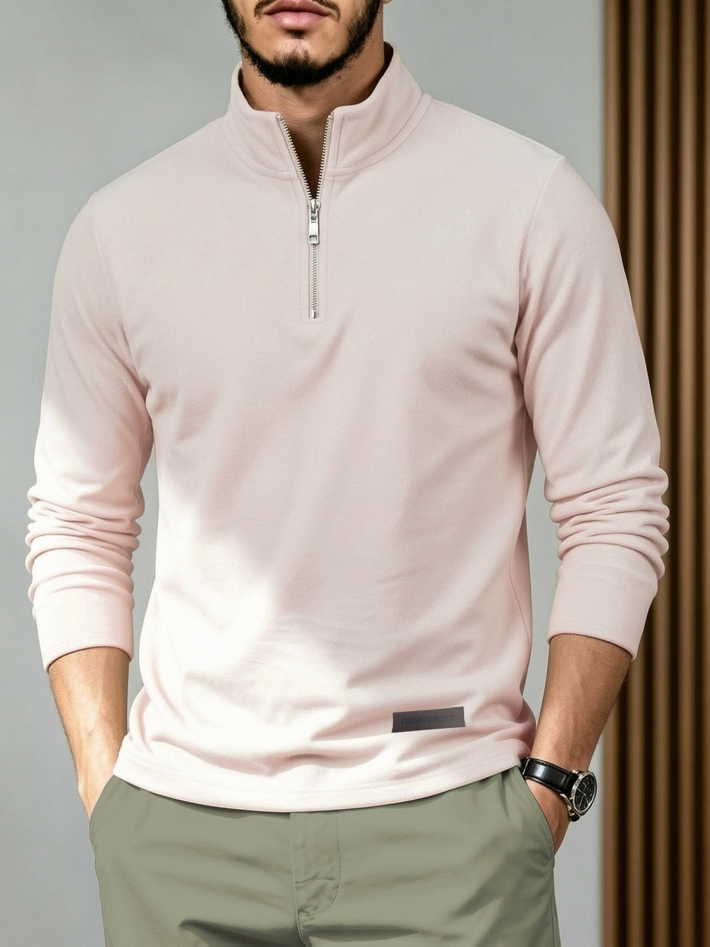 Josh Rose OBM Trendy Men's Solid Color Pure Velvet Fabric Long Sleeve Vintage Henley Shirt T-Shirt, Casual, Suitable for Autumn/Winter, Ideal for Men's Daily Wear, Stylish Slim-Fit Versatile Stand Collar Half-Zip Garment - Apricot