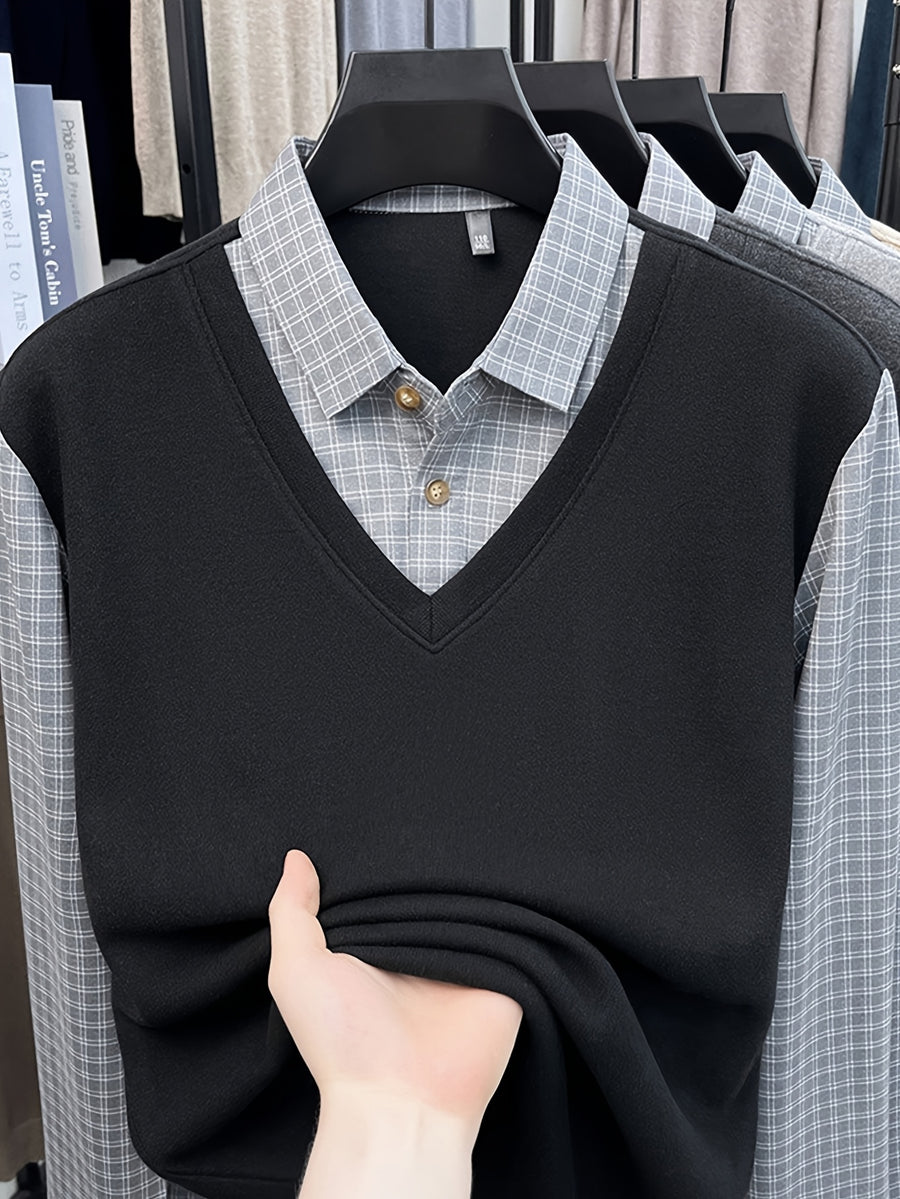 Men'S Plaid Shirt Collar Faux Two-Piece Knit Long Sleeve, Business Casual Fit for Most Body Types, Suitable for Single Wear Or Layering - SINBOS - Jazz Black