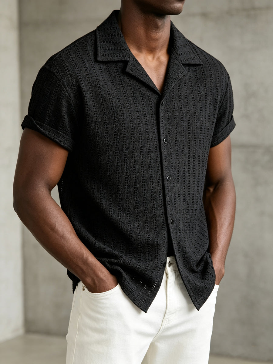 Men'S Crochet Knit Camp Collar Shirt, Short Sleeve Button- for Beach Vacation Casual Daily Wear - Black