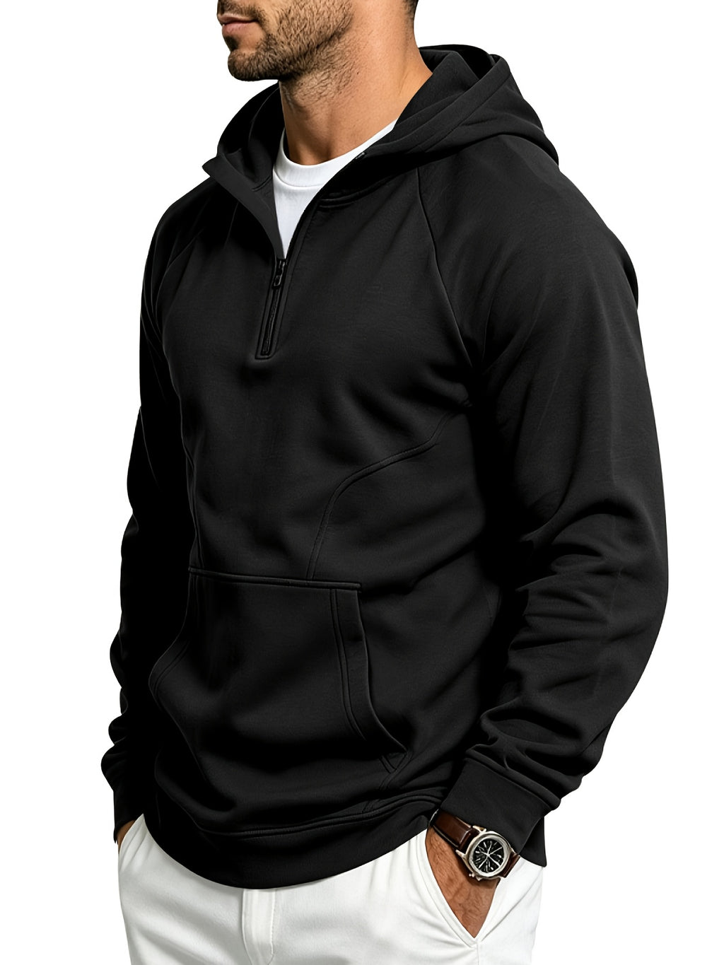 Men's Autumn/Winter Outdoor Loose Fit Casual Sporty Fitness Spliced Hooded Sweatshirt - Black