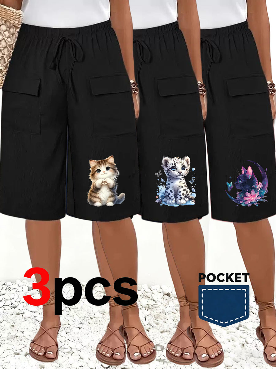 3-Pack Women'S Casual Shorts Pretty Personalized Print Pants Two Front Pocket Design Easy Bow Decoration Wide Leg 5-Point Pants Women'S Casual Outdoor Casual Beach Mid-Length Pants Comfortable Loose Commuting Versatile Shorts - Black+black+black
