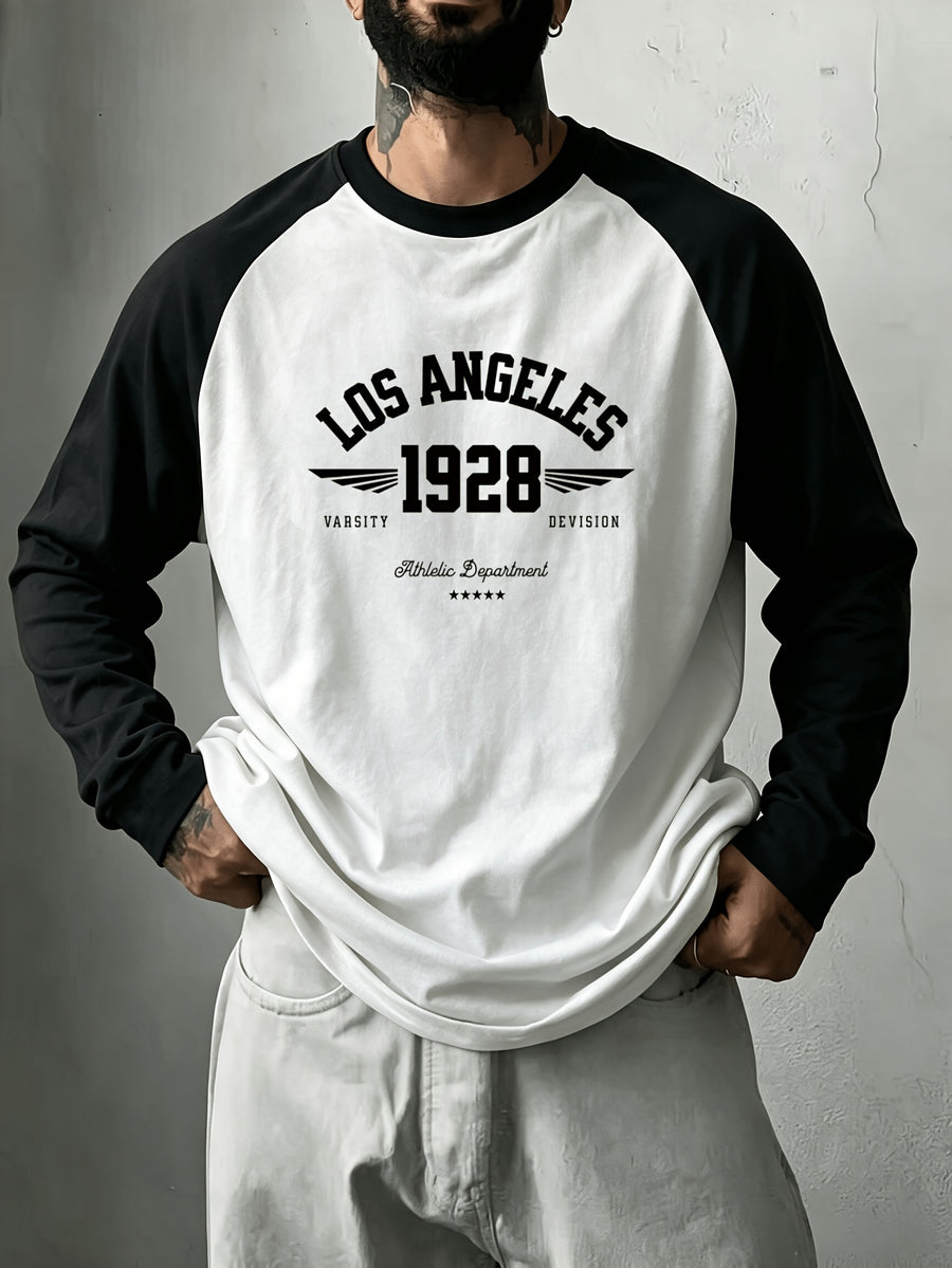 1pc Men's Youth Colorblock Raglan Sleeve Long Sleeve Printed T-Shirt, Trendy Style for Spring, Autumn, Winter Daily Wear Top/Autumn Clothes/Affordable Clothing - White+black