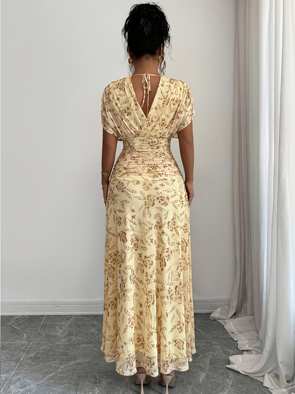 Women'S Spring Summer Elegant French Vacation Style Loose V-Neck Off-Shoulder Ruched A-Line Long Dress - Yellow