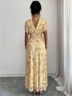 Women'S Spring Summer Elegant French Vacation Style Loose V-Neck Off-Shoulder Ruched A-Line Long Dress - Yellow