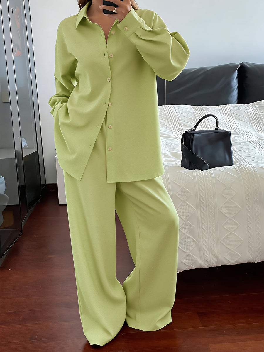 Women'S Spring Autumn Elegant Casual Loose Comfortable Solid Color Shirt Top And Straight Long Pants 2pcs Set - Matcha Color