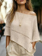 Women'S Hollow-Out Poncho Top, Boat Neck Irregular Hem Summer Beach Cover-Up, Seaside Bohemian Vacation Style Casual Top, Lightweight Breathable Loose Sweater, Mesh Detail Striped Design, Relaxed Layering Style, Suitable for Holiday, Daily Wear - Apricot