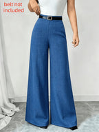 1pc Elegant Women's Solid Color Elastic Waist Casual Loose-fit Wide-leg Pants, Belt Not Included ASD1 - Blue