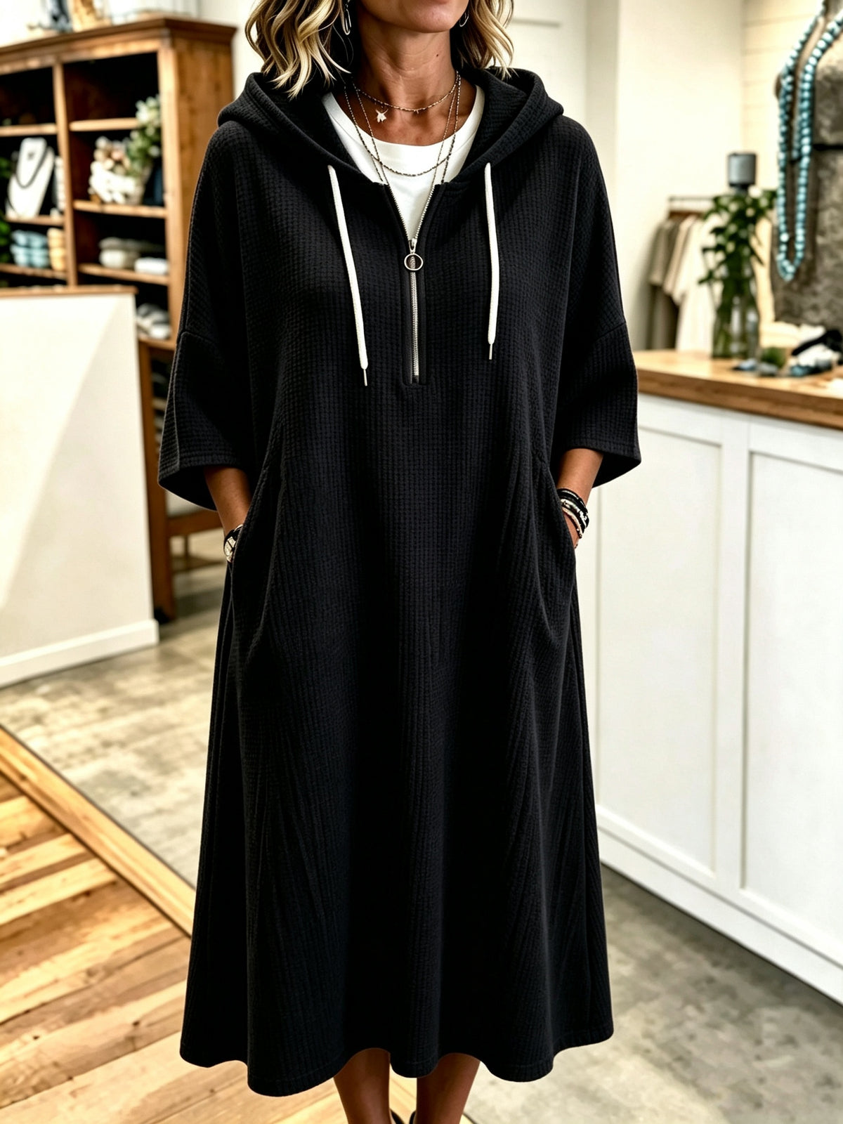 Plus Size - Spring Autumn New Waffle Half-Zip Hooded Sweatshirt Dress Women'S Loose Plus Size Three-Quarter Sleeve Drawstring Pocket Mid-Length Casual Style Solid Color Pullover Dress - Black
