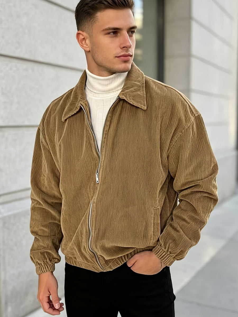 Men'S Solid Color Corduroy Jacket, Casual Versatile Stand-Up Collar Top, Autumn Winter New Fashion Men'S Clothing - Rust