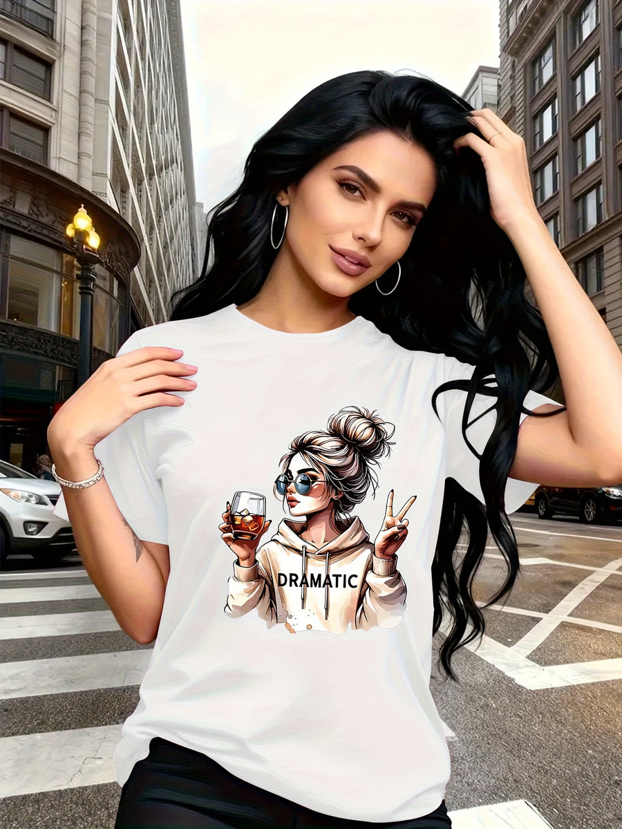 Street-style Trendy Art Print Featuring a Woman with a Bun Hairstyle and Fashion Glasses Holding a Red Wine Glass. Simple Round-neck Casual Versatile Short-sleeve Women's T-shirt, Suitable for Leisure, Travel, Vacation, and Other. 11643 - White