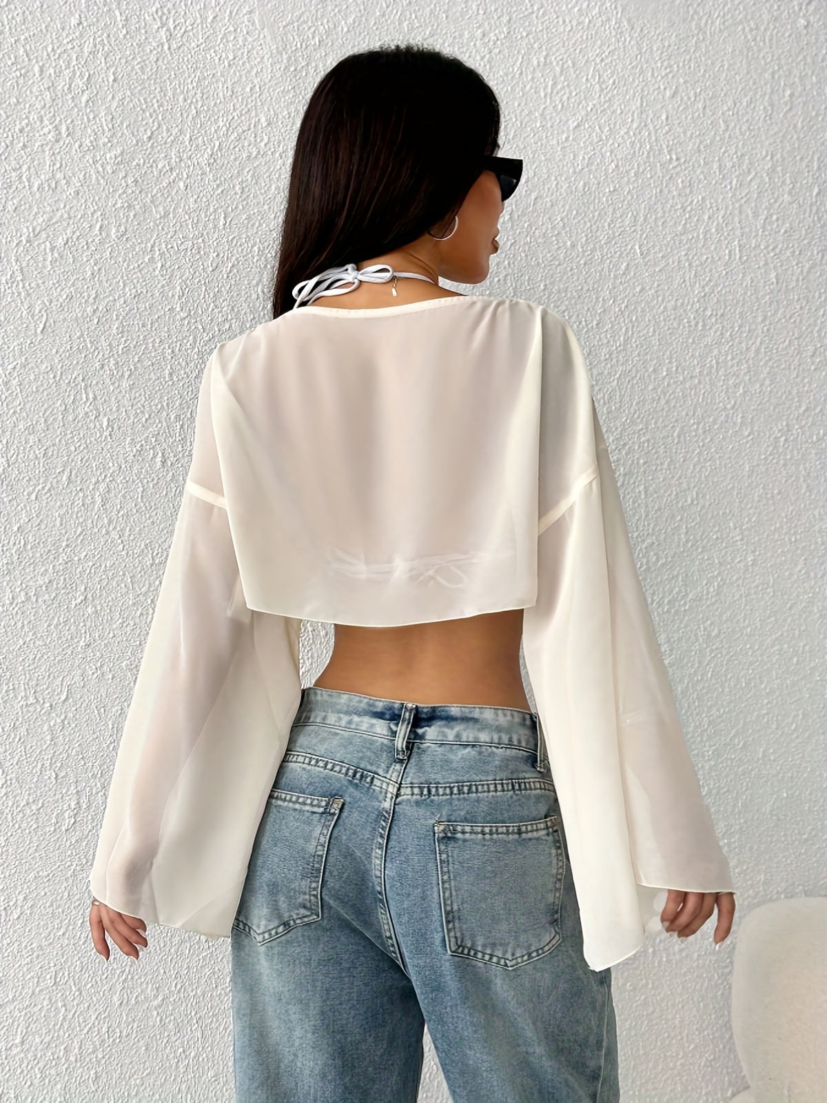 Women'S Solid Color Round Neck Batwing Sleeve Loose Short Shirt, Spring Summer Beach Cover-Up Top - Apricot