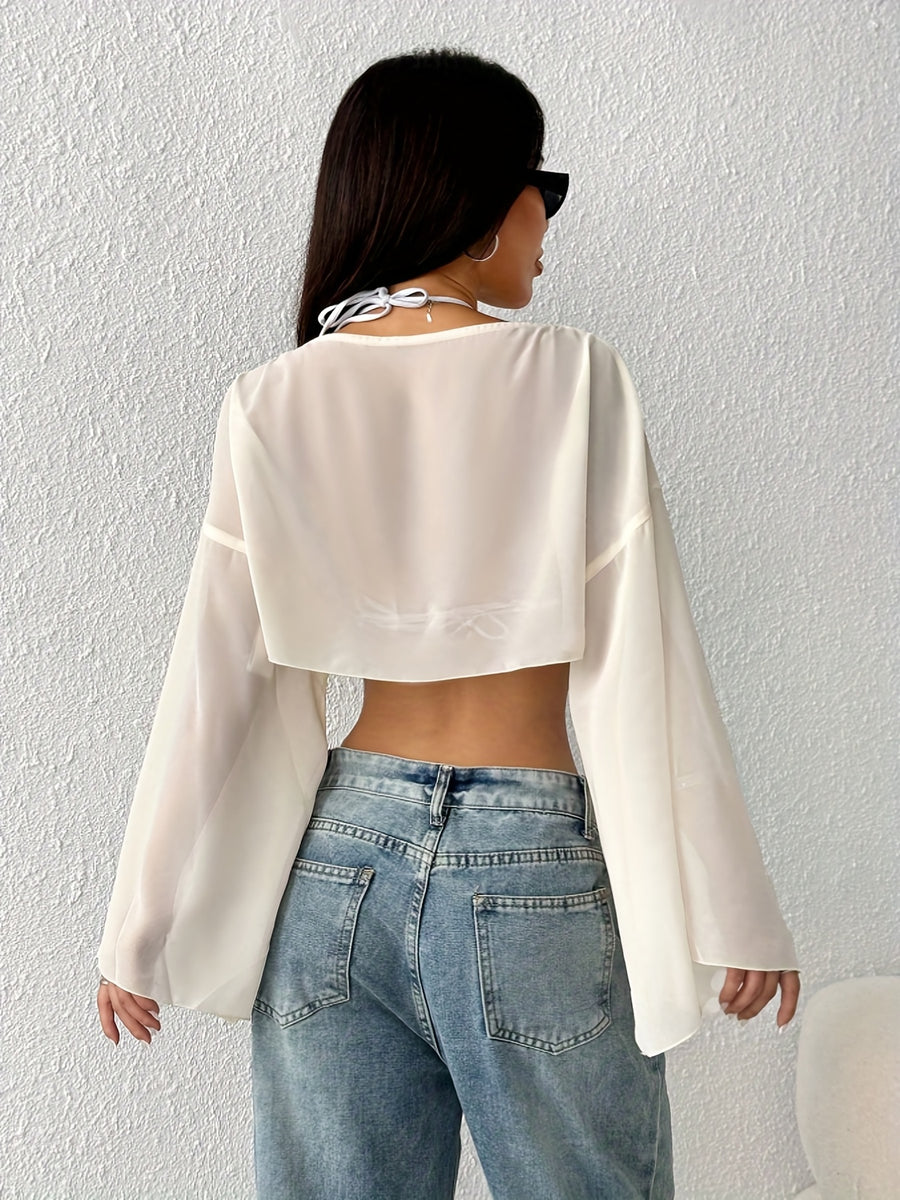 Women'S Solid Color Round Neck Batwing Sleeve Loose Short Shirt, Spring Summer Beach Cover-Up Top - Apricot