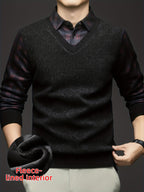 Men'S Fleece Fake Two-Piece Sweater, Plaid Lapel with Diamond Jacquard Design, Business Casual Warm Knit Top, Inner Thick Base Layer Shirt, Suitable for Men'S Commute And Casual Wear - Black