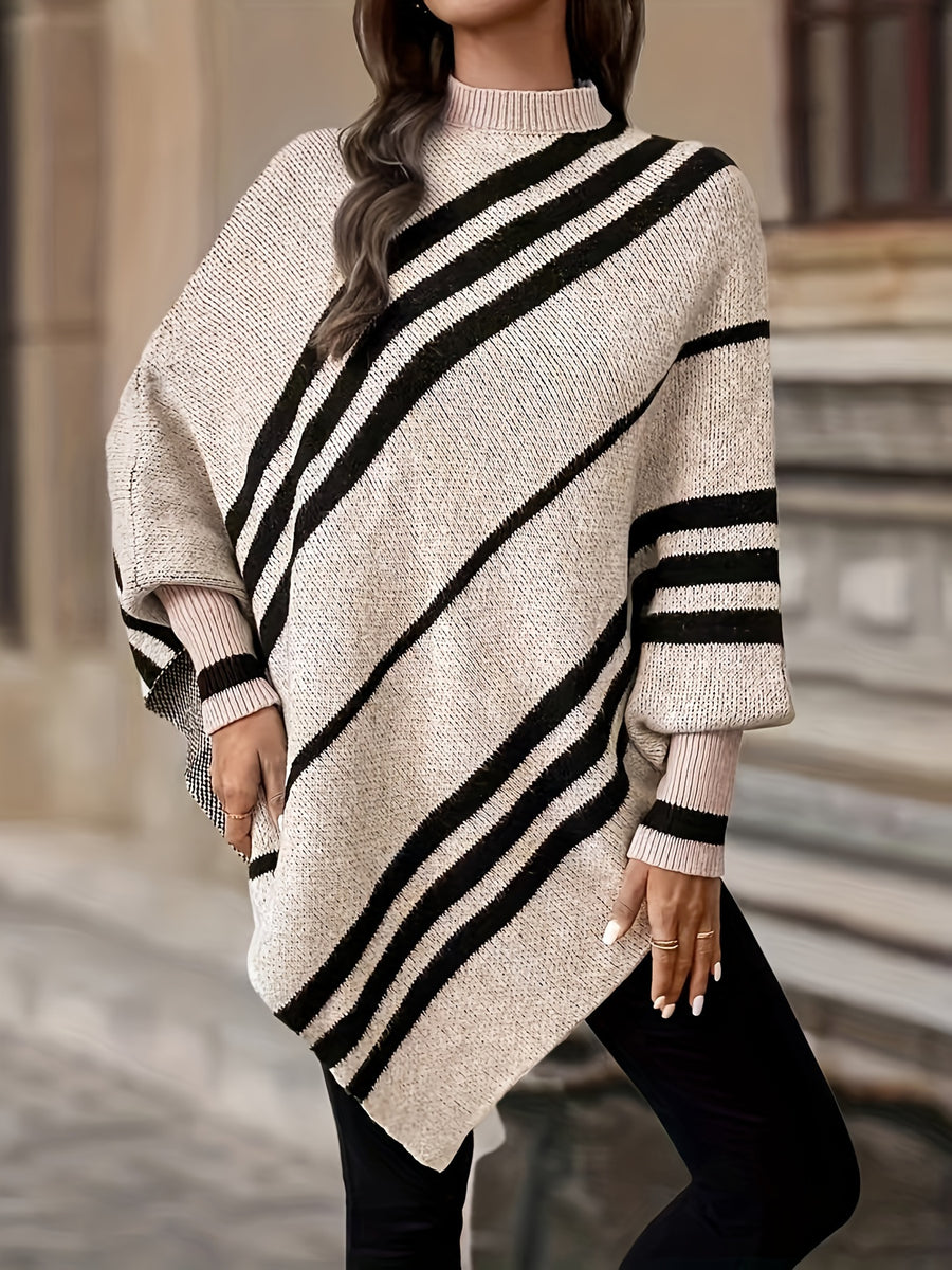 Women's Four-Season Elegant Batwing Sleeve Asymmetrical Sweater - Khaki