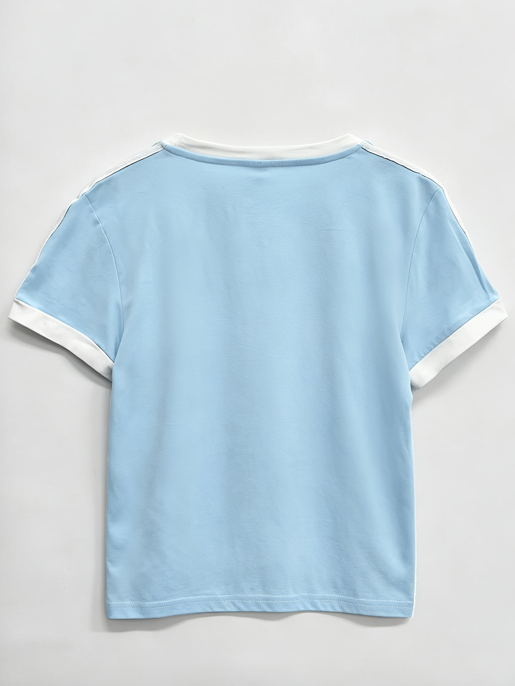 Women's Regular Shoulder-to-shoulder Fit, Round Neck, Color-blocked, Slim-fit, Simple Line Pattern Print, Trendy Niche, Casual, Minimalist, Y Short-sleeve T-shirt Top - Light Blue 2