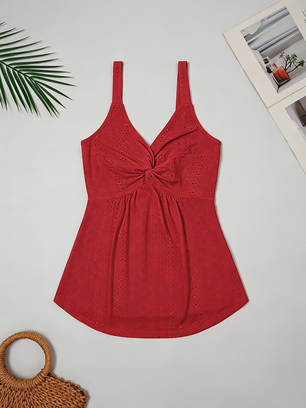 Western-style Women's Top with a Twisted Knot Design on the Chest, Made of Textured Lace Jacquard Fabric. A Spring/summer Beach, Outing, Date, or Vacation Shirt. "European Users Are Advised to Purchase One Size Smaller." - Red