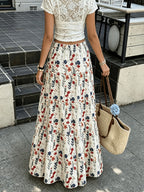 Women'S Autumn Vacation Country Style Floral Long Half Skirt, Commute Daily, Outing Wear, with Drawstring Detail, Spring Summer Fall Winter All Seasons - Flower