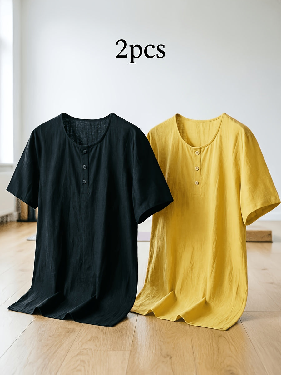 Summer Men's Linen Henley T-Shirts 2pcs, Loose Fit Short Sleeve Casual Tee, Breathable Lightweight Basic Tops for Daily Commute & Home Wear, Simple Versatile Design for Multi-Occasion. - Black+Yellow
