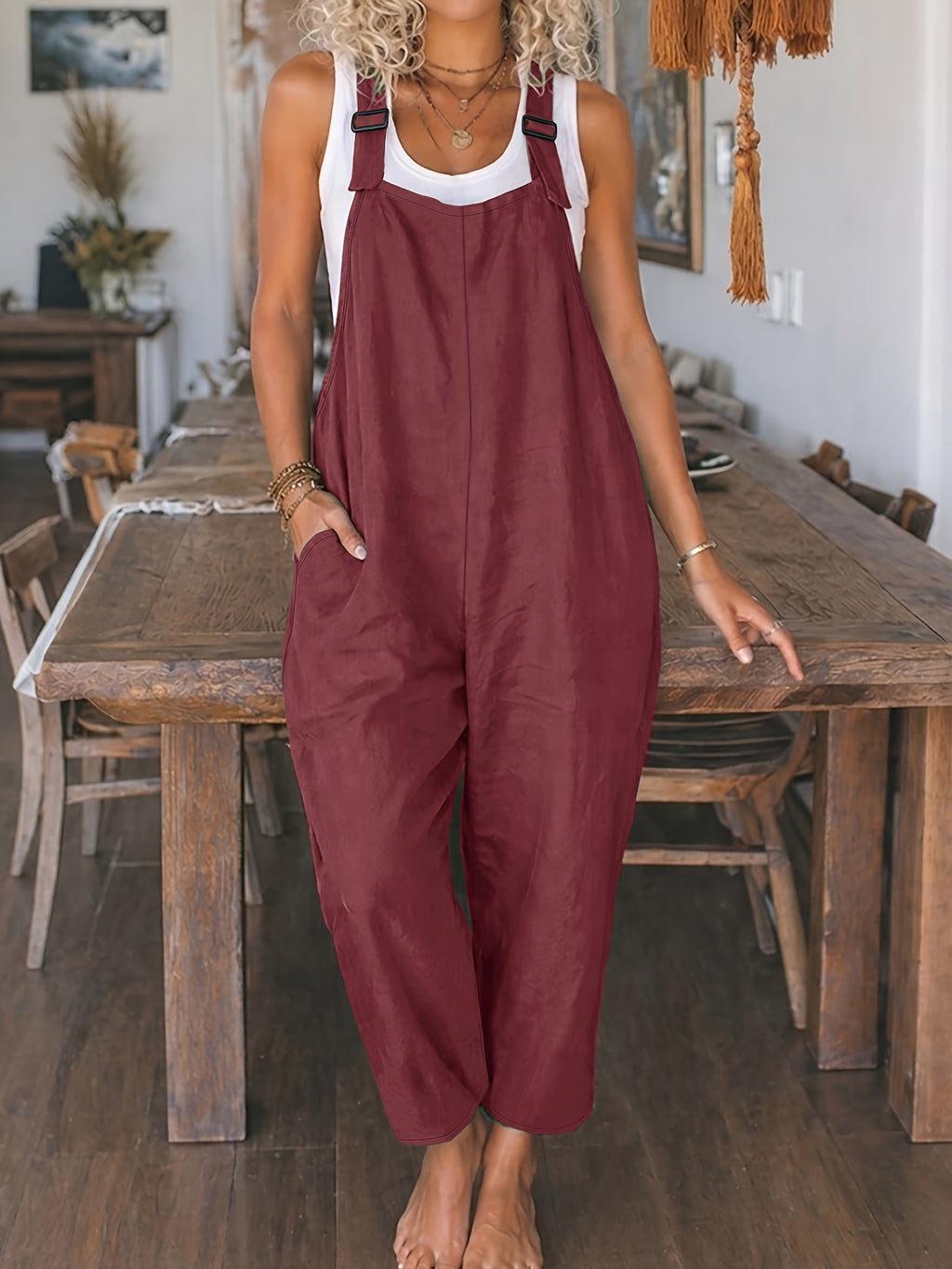 Women's Casual Vacation Loose Solid Color Overalls Jumpsuit - Burgundy