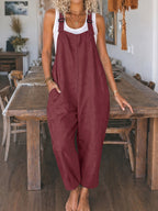 Women's Casual Vacation Loose Solid Color Overalls Jumpsuit - Burgundy