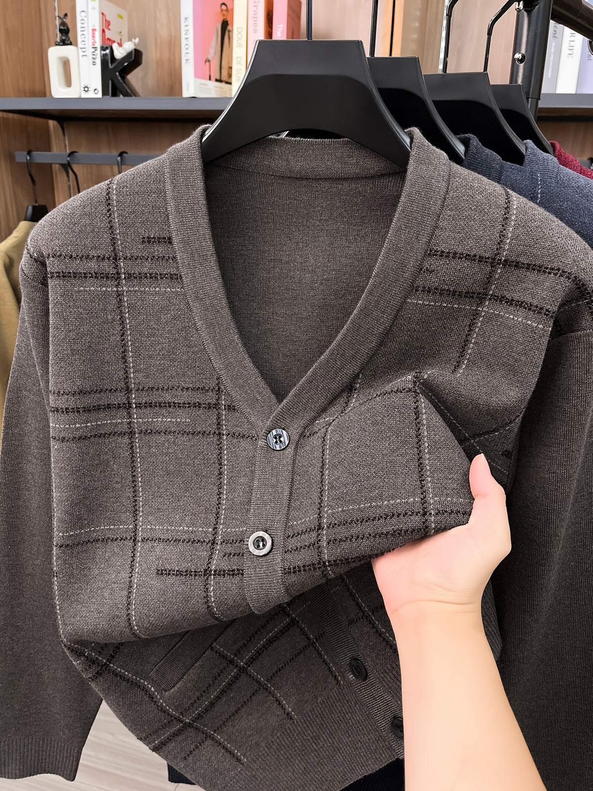 Men'S Autumn Winter Easy Knit Cardigan Warm Plaid Casual Jacket - Camel