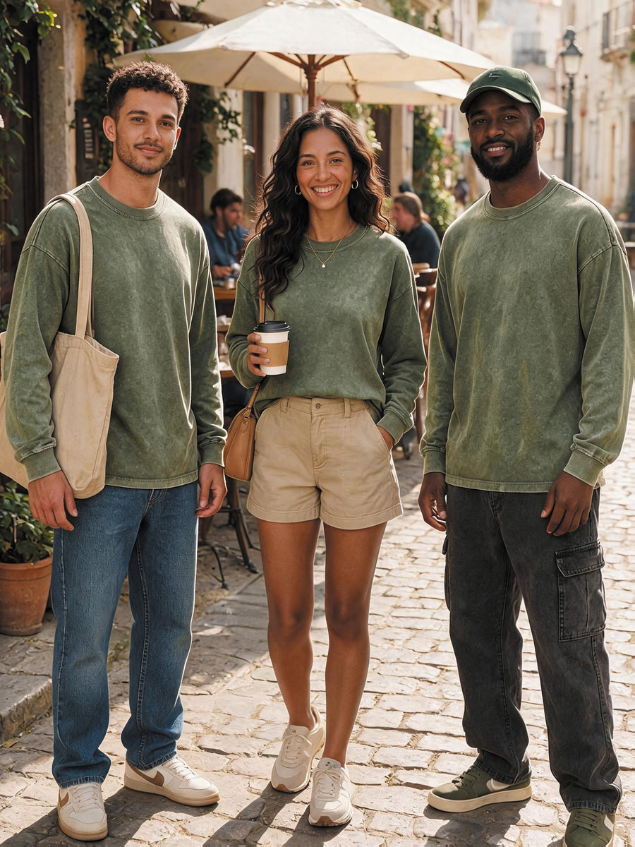 American Retro 3pcs Set Washed Distressed Pure Long Sleeve T-Shirt Loose Casual Unisex Round Neck Base Layer Spring Autumn Couple All-Match Multi-Color Long Sleeve Top - fern green