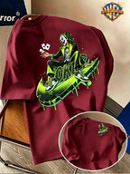 Warner Bros. Official Licensed Men'S Short Sleeve T-Shirt, DC Authentic Cyber Trendy Joker Print, American Retro Street Style Design, Spring/Summer Top, Regular Fit, Suitable for Outdoor, Fitness, Office, And Casual Wear - Burgundy