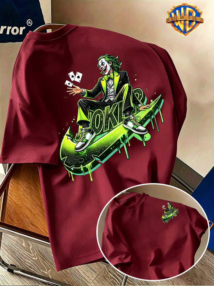 Warner Bros. Official Licensed Men'S Short Sleeve T-Shirt, DC Authentic Cyber Trendy Joker Print, American Retro Street Style Design, Spring/Summer Top, Regular Fit, Suitable for Outdoor, Fitness, Office, And Casual Wear - Burgundy