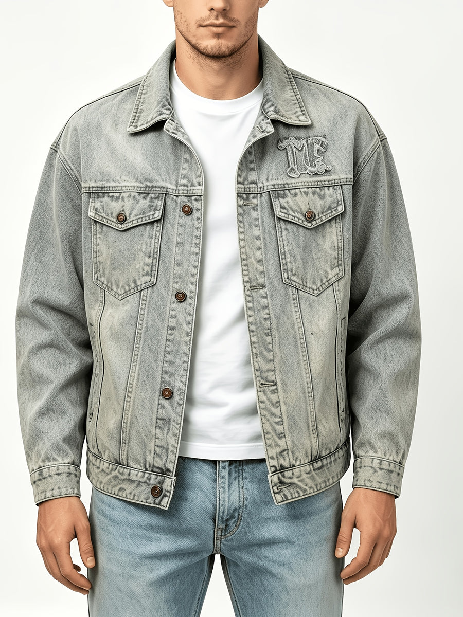 Men's Vintage Washed Denim Jacket Oversized Lapel Button Casual Trucker Coat Loose Fit Classic Jean Outerwear for European Sizes - Sky Blue