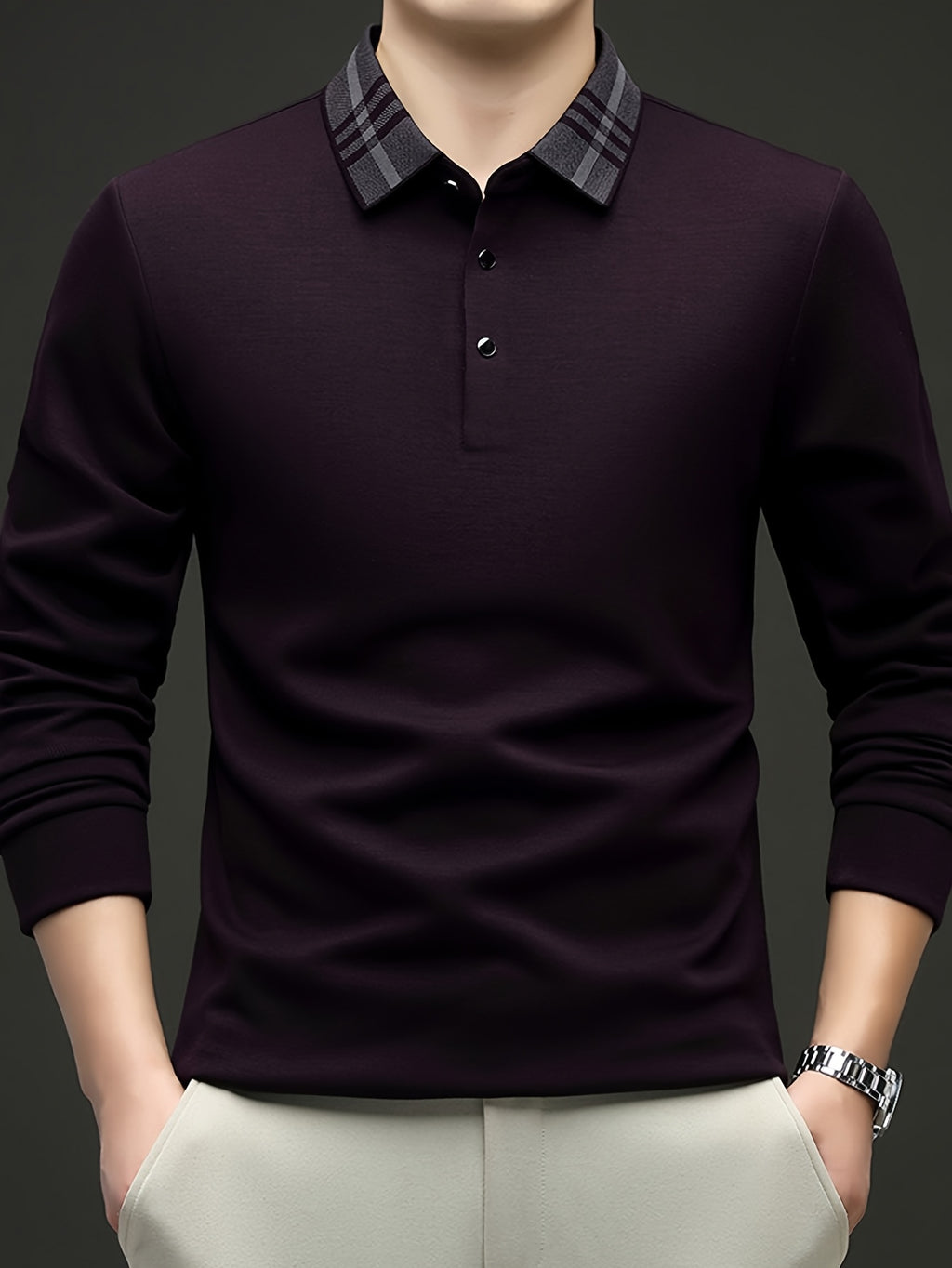Men's Plain Color Plaid Lapel Long Sleeve Polo Shirt, No Print or Embroidery, Simple and Clean Cut, Suitable for Light Business and Daily Outings - SINBOS - Purple